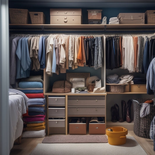 A cluttered closet with clothes scattered on the floor, contrasted with a neatly organized one featuring shelves, drawers, and rods, all made from a DIY closet organizer kit.