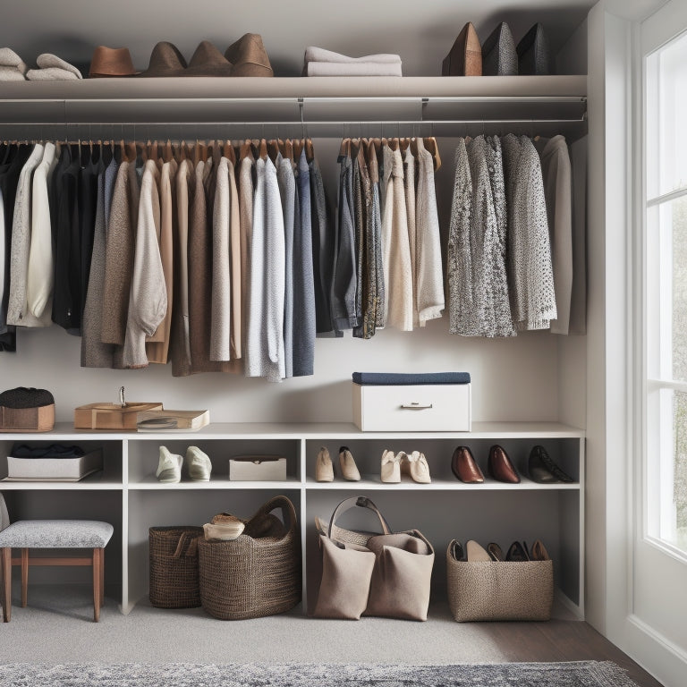 An organized, light-filled closet with cream-colored walls, dark wood shelves, and a velvet-covered ottoman, featuring a mix of hanging garments, folded clothes, and accessories, with a few designer shoes on display.