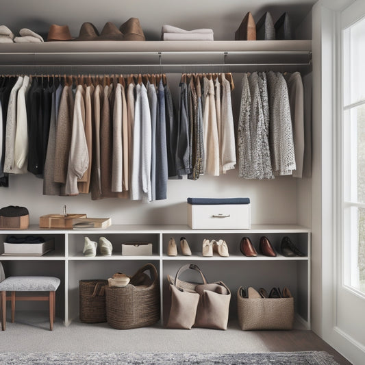 An organized, light-filled closet with cream-colored walls, dark wood shelves, and a velvet-covered ottoman, featuring a mix of hanging garments, folded clothes, and accessories, with a few designer shoes on display.