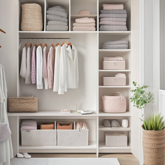 A serene, well-lit closet interior with sleek, white PAX storage units, wooden hangers, and neatly folded clothes in pastel hues, surrounded by calming greenery and a few stylish accessories.