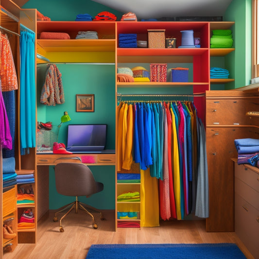 A tidy closet interior with a mix of shelves, drawers, and rods, showcasing a rainbow of organized clothes, shoes, and accessories, with a laptop and notebook on a nearby shelf.