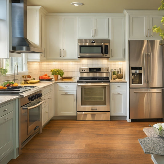 A modern kitchen with stainless steel appliances, white cabinets, and dark wood flooring, featuring a slide-out under-stove storage drawer filled with organized cookware and utensils.