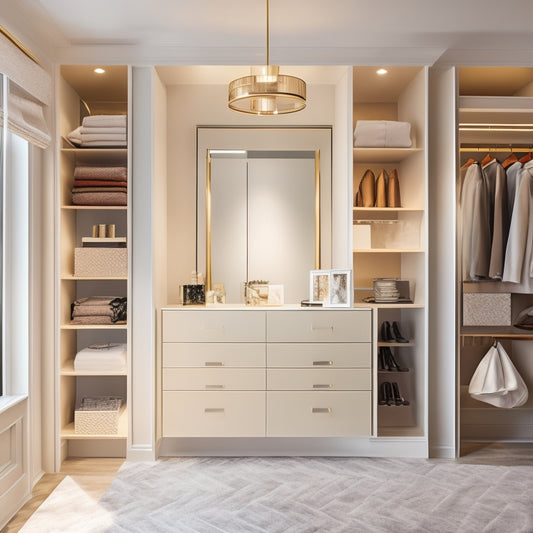 Generate an image of a luxurious, modern closet with floor-to-ceiling shelves, a central island with drawers, and a pendant light, set against a soft, cream-colored background with minimal shadows.