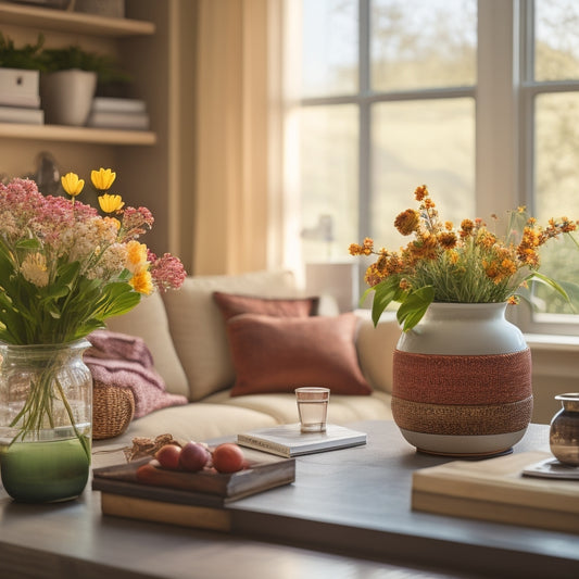 An organized living room with a vase of blooming flowers on a clutter-free coffee table, a tidy bookshelf with baskets and a few framed photos, surrounded by natural light pouring through a spotless window.