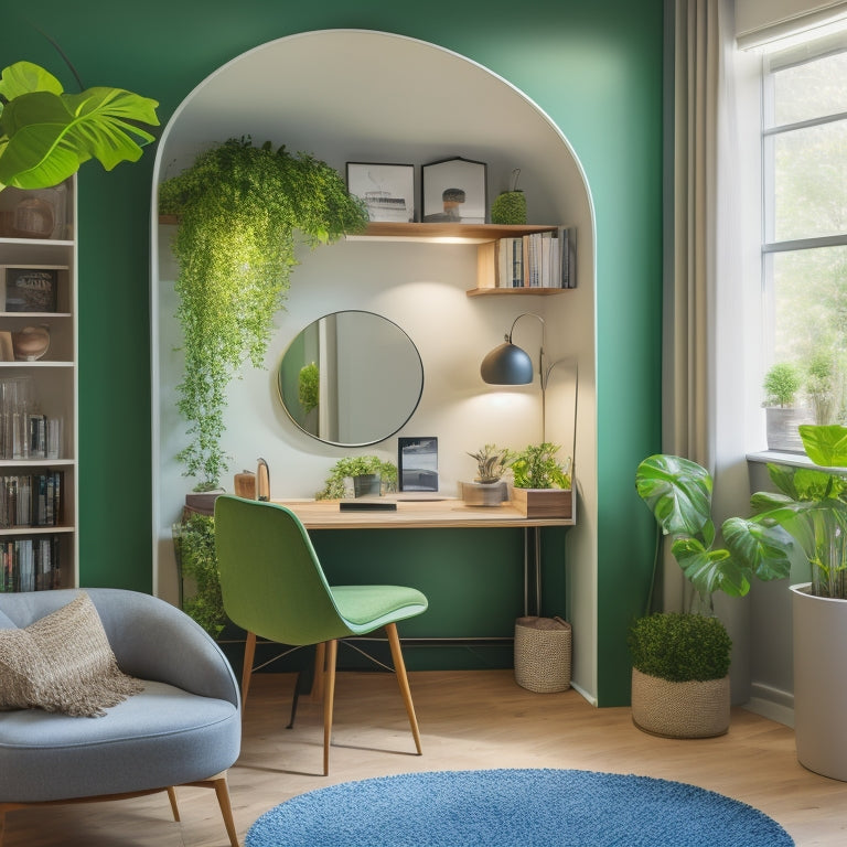 A cozy, well-lit micro-apartment with a murphy bed, compact desk, and multi-functional shelving, featuring a calming greenery wall and a circular mirror above a sleek, minimalist sofa.