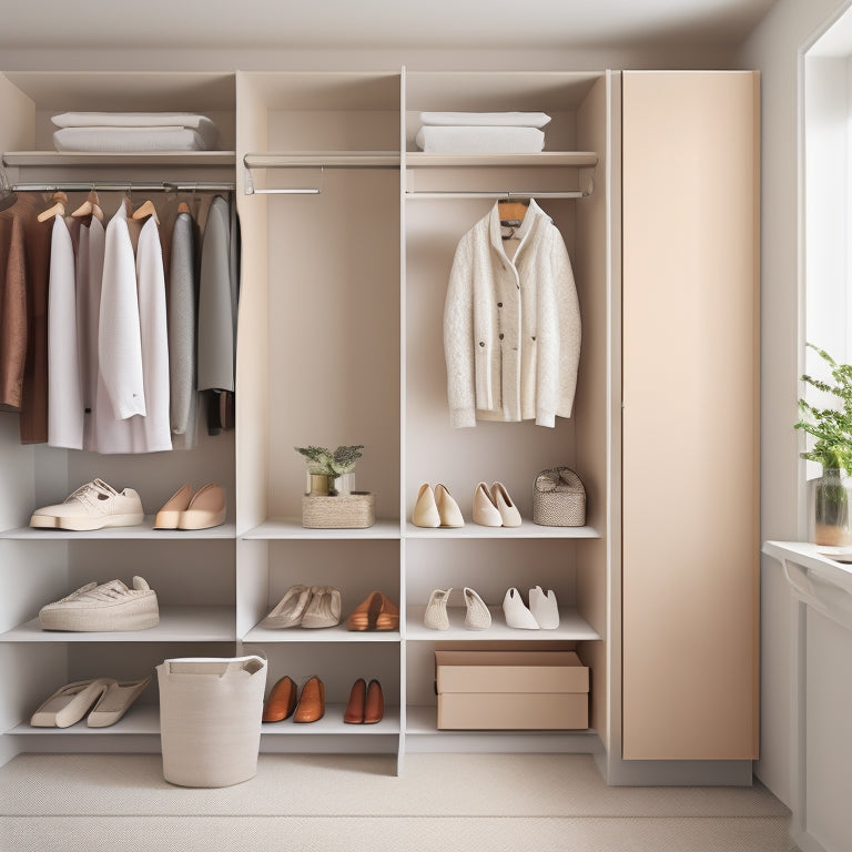 A tidy, minimalist closet with a soft, creamy background; sleek, white shelves and rods; and a few, carefully-hung outfits in muted colors, with a few pairs of shoes lined up beneath.