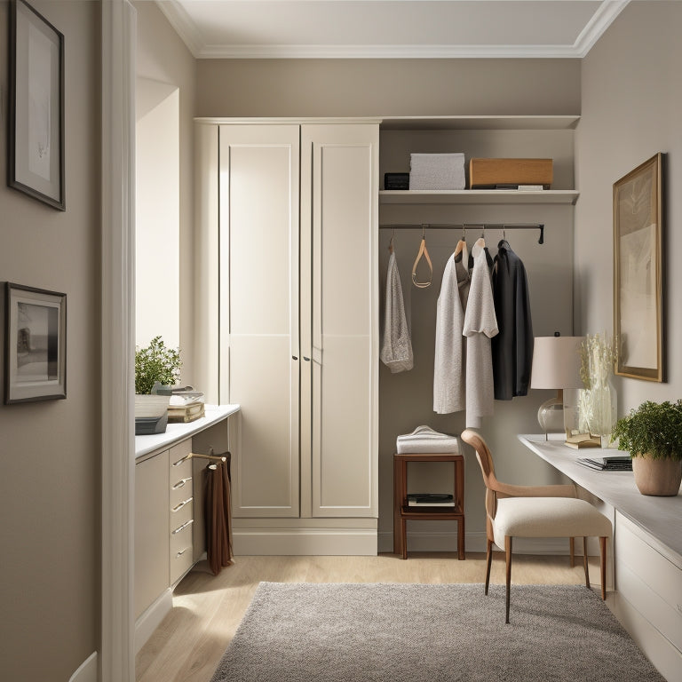 A serene, well-lit closet with cream-colored walls, dark wood shelves, and a plush, gray area rug; a stylish, minimalist desk with a laptop open to a closet design software webpage.