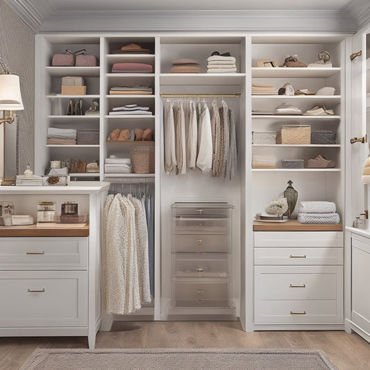 A serene, well-organized closet with a mix of open shelving, drawers, and hanging rods, featuring a central island with a built-in jewelry organizer and a floor-to-ceiling storage unit with baskets.