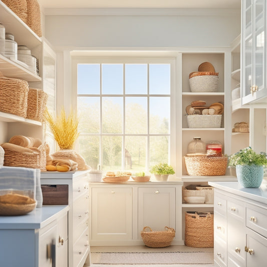 A bright and airy pantry with creamy white shelves, a mix of woven baskets and clear glass containers, and a few sleek appliances, illuminated by soft natural light pouring in from a nearby window.