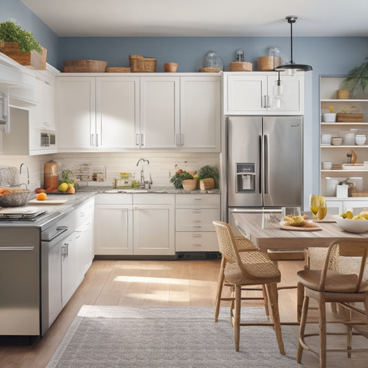 A bright, modern kitchen with a prominent island, featuring a stainless steel refrigerator, white cabinets, and a wooden countertop, showcasing neatly arranged healthy food, cookbooks, and utensils.