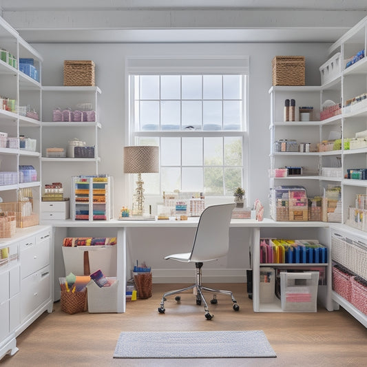 A serene, well-lit craft room with a sleek, white desk, surrounded by labeled storage bins, baskets, and shelves holding organized crafting supplies, scissors, and colorful threads.