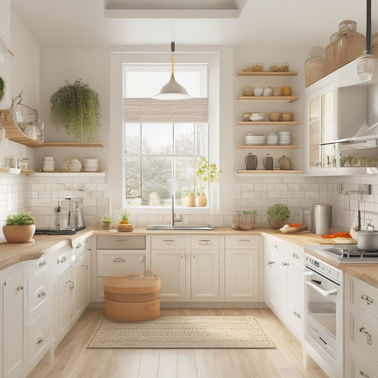 A clutter-free, L-shaped kitchen with a retractable ceiling-mounted pot rack, a foldable kitchen cart, and a wall-mounted spice rack, set against a backdrop of soft, creamy white walls and warm wood accents.