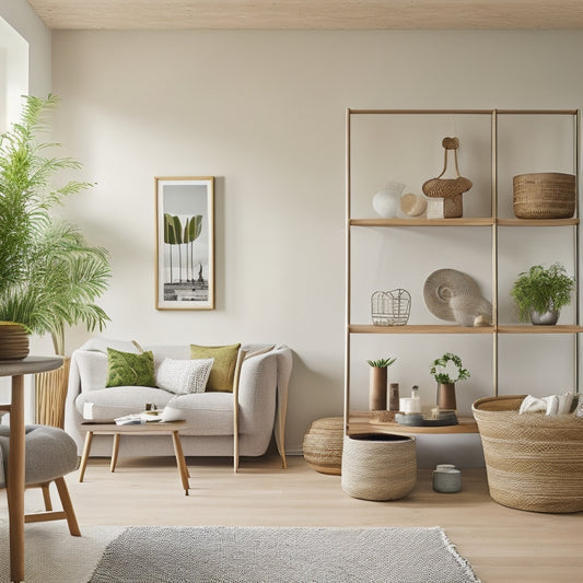 A bright, modern living room with a sleek, wall-mounted shelf system, woven baskets, and a sliding ladder, surrounded by a tidy, minimalist decor and plenty of natural light.