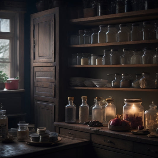 A dimly lit, cluttered kitchen cabinet with multiple shelves, old jars, and containers with worn labels, partially opened doors, and a faint glow emanating from within, hinting at hidden secrets.