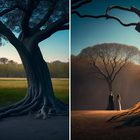 A split-screen image featuring a fragile, cracked family tree on the left, and a maze of twisted, knot-like contracts on the right, with a faint, ominous shadow looming in the background.