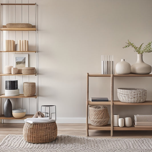 A serene, minimalist living room with a sleek, floor-to-ceiling shelving unit, showcasing neatly arranged decorative objects and books, alongside a tidy console table with a woven basket and a few choice accessories.