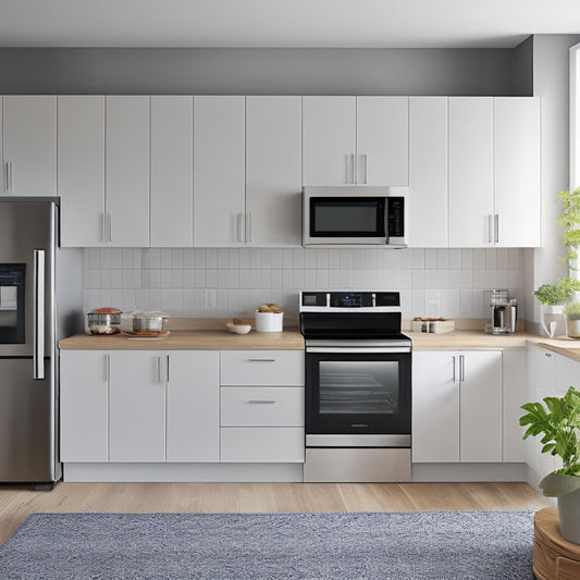 A modern, minimalist kitchen with 10 sleek appliances in a compact arrangement, including a toaster oven, instant pot, and compact refrigerator, surrounded by neutral-colored cabinets and a wooden countertop.