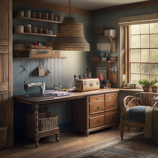 A serene, well-lit sewing room with a large, wooden cutting table at its center, surrounded by built-in shelves, baskets, and drawers, with a few rolls of colorful fabric and a vintage sewing machine.