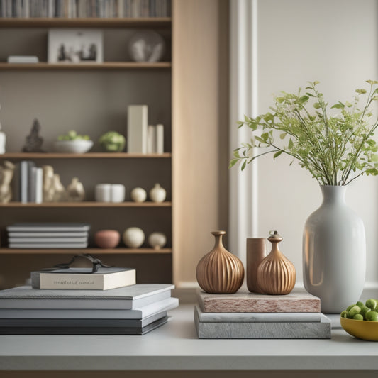 A serene, minimalist living room with a few, carefully selected decorative items, a vase with fresh flowers, and a calm, organized bookshelf in the background.