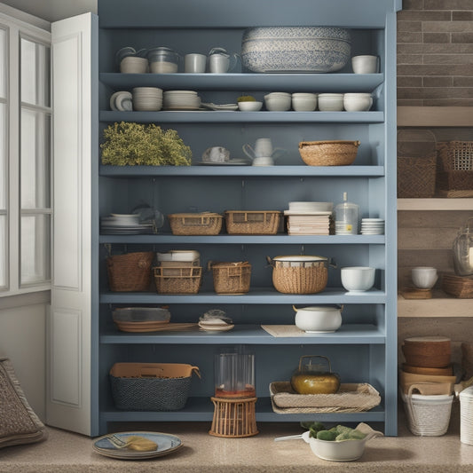 Generate an image of a cluttered corner cabinet with stacked plates, utensils, and cookbooks, beside a transformed cabinet with tiered shelves, baskets, and hooks, showcasing organized storage solutions.