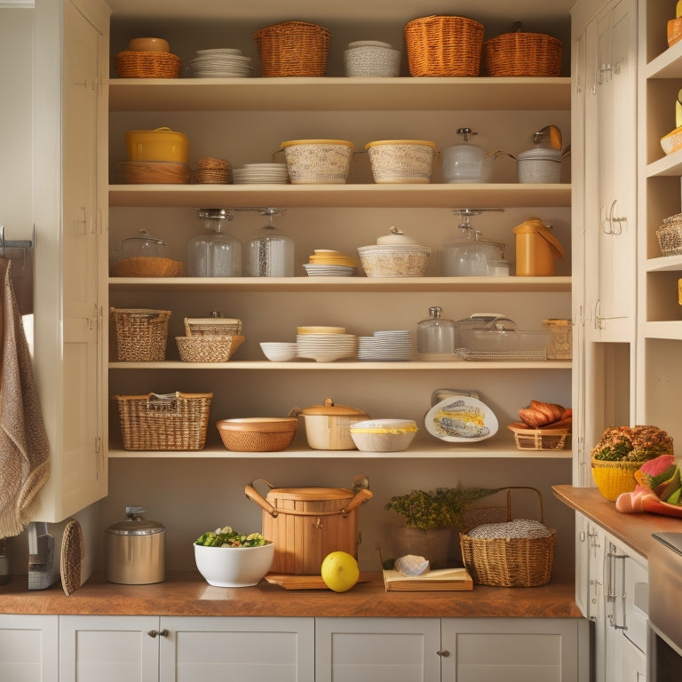 A clutter-free cabinet interior with adjustable shelves, baskets, and dividers, showcasing organized kitchen utensils, dinnerware, and cookbooks, with soft, warm lighting and a calming background.