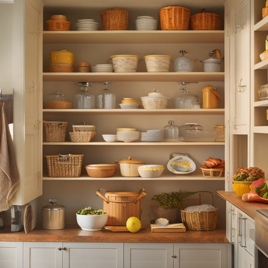 A clutter-free cabinet interior with adjustable shelves, baskets, and dividers, showcasing organized kitchen utensils, dinnerware, and cookbooks, with soft, warm lighting and a calming background.