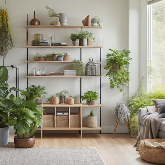 A bright, airy living room with a sleek, wall-mounted shelving unit, woven baskets, and a minimalist desk with a hidden compartment, surrounded by lush green plants and soft, natural light.