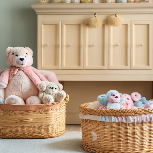 A serene, whitewashed wooden dresser with ornate metal handles, adorned with woven wicker baskets in varying sizes, each overflowing with neatly folded, pastel-hued linens and soft, plush toys.