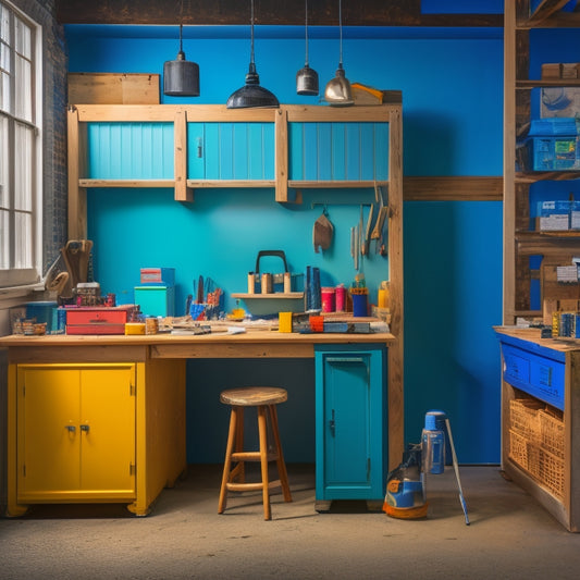 A bright, well-lit workshop with a freshly sanded cabinet door on a workbench, surrounded by paint swatches, brushes, rollers, and a spray gun, with a subtle gradient of colors in the background.