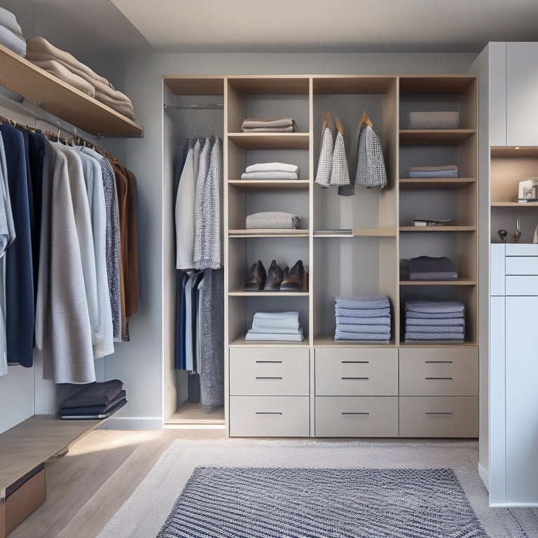 A tidy, modern closet with floor-to-ceiling shelves, a built-in dresser, and a carousel rod system, showcasing ample storage and maximized corner space with sleek, minimalist design elements.