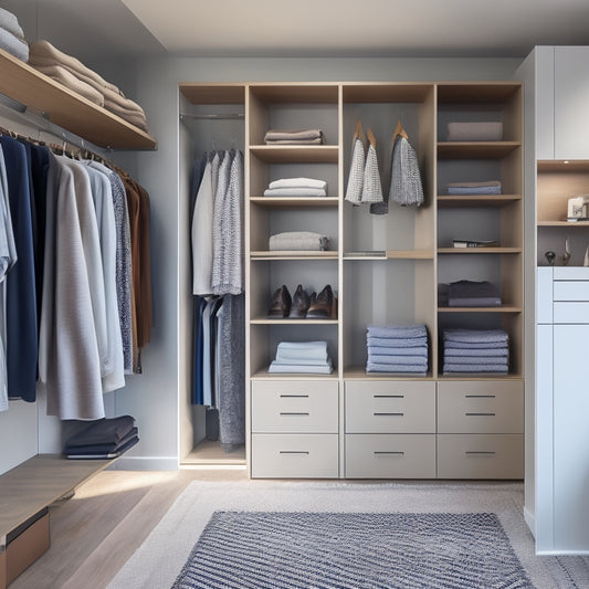 A tidy, modern closet with floor-to-ceiling shelves, a built-in dresser, and a carousel rod system, showcasing ample storage and maximized corner space with sleek, minimalist design elements.