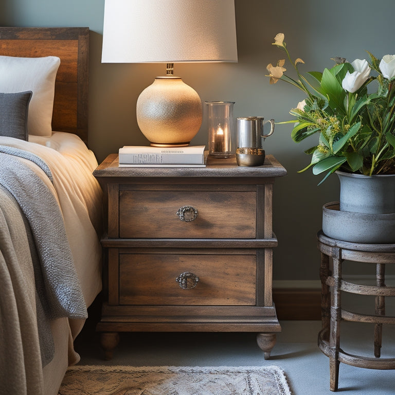 A serene bedroom scene with a DIY nightstand as the centerpiece, featuring a reclaimed wood top, metal legs, and a few decorative drawers, surrounded by a lamp, book, and a vase with fresh flowers.