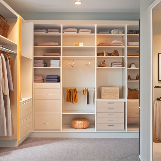 A serene, light-filled walk-in closet with creamy white walls, plush gray carpet, and a floor-to-ceiling IKEA PAX system featuring sleek, minimalist drawers and shelves in a honey-brown finish.