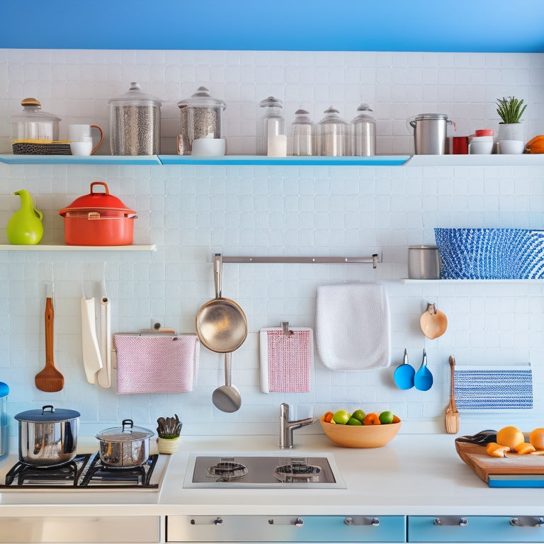 A bright, modern compact kitchen with a sleek white countertop, stainless steel appliances, and a pegboard on the wall, showcasing organized utensils, pots, and pans in a harmonious, clutter-free space.