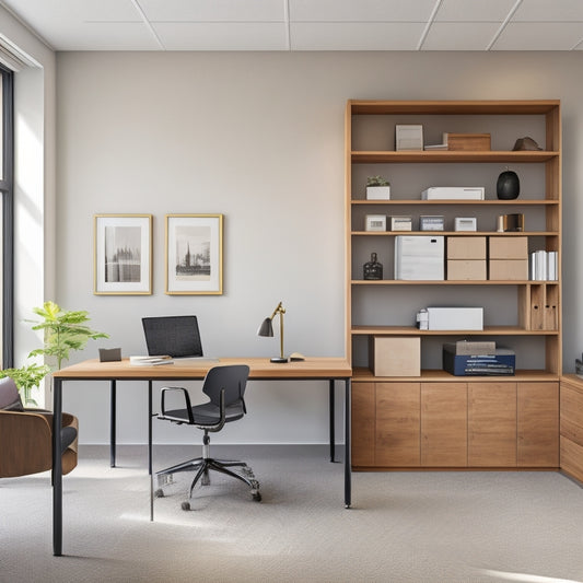 A modern, minimalist office space with a sleek, wooden desk, surrounded by ergonomic chairs, and shelves with labeled storage bins, a floor-to-ceiling bookcase, and a large, wall-mounted whiteboard.