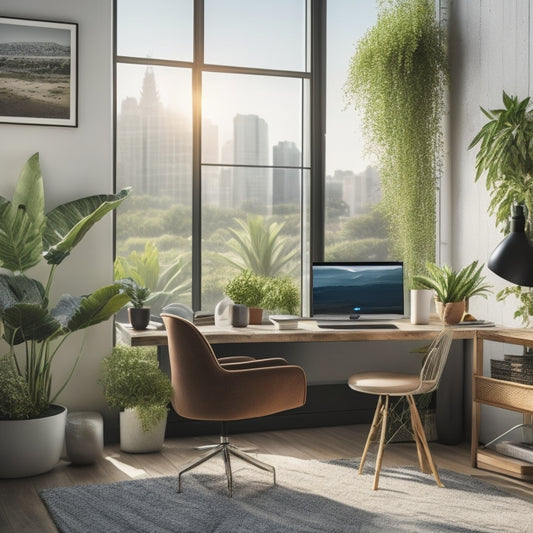 A serene home office setup with a laptop, a comfortable chair, and a few plants, surrounded by warm natural light, with a subtle background of a cityscape or a beach, symbolizing flexibility and freedom.