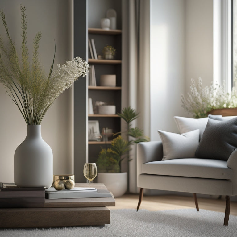 A serene, minimalist living room with a few, carefully selected decorative pieces, a tidy bookshelf, and a vase with fresh flowers, surrounded by plenty of natural light and empty space.