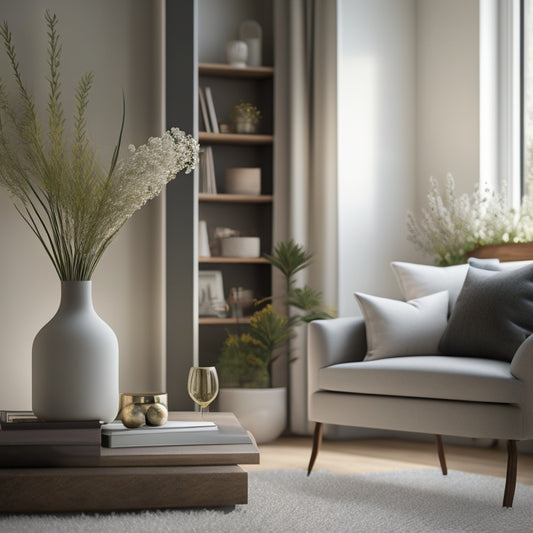 A serene, minimalist living room with a few, carefully selected decorative pieces, a tidy bookshelf, and a vase with fresh flowers, surrounded by plenty of natural light and empty space.