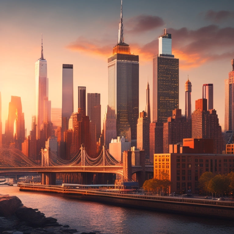 A stylized illustration of the NYC skyline at sunset, with iconic buildings and bridges in the background, featuring a montage of diverse business storefronts in the foreground.