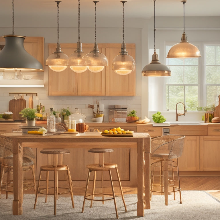A kitchen island with a warm wood tone, featuring three stools with cream-colored cushions, surrounded by utensils and cookbooks, with a pendant light hanging above.