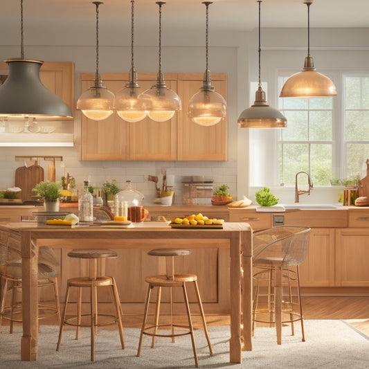 A kitchen island with a warm wood tone, featuring three stools with cream-colored cushions, surrounded by utensils and cookbooks, with a pendant light hanging above.