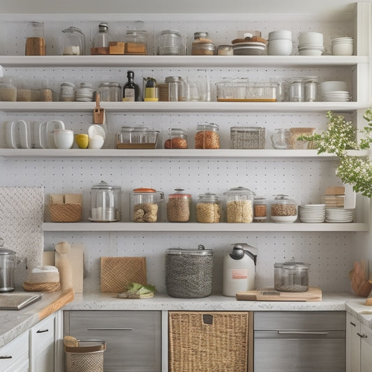 A clutter-free kitchen with open cabinets revealing organized shelves, baskets, and dividers, showcasing utensil organizers, spice racks, and a pegboard, with a few strategically placed kitchen items.