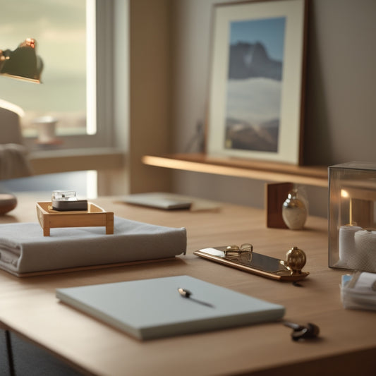 A serene, minimalist room with a few, carefully curated possessions, a tidy desk with a small clock, and a person in the background, effortlessly putting away a folded item into a drawer.