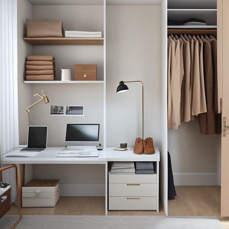 A minimalist, modern closet with sleek wooden shelves, a clothes rack, and a Mac laptop on a nearby desk, surrounded by scattered papers, fabric swatches, and design inspiration boards.