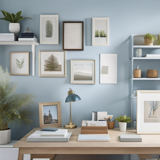 A serene, well-organized home office with a tidy desk, labeled file folders, and a few, carefully placed decorative items, set against a calming, light-blue background with subtle, natural textures.