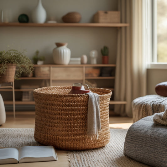 A serene, clutter-free living room with a minimalist bookshelf, a woven basket holding rolled-up blankets, and a few carefully placed decorative objects on a polished wooden coffee table.