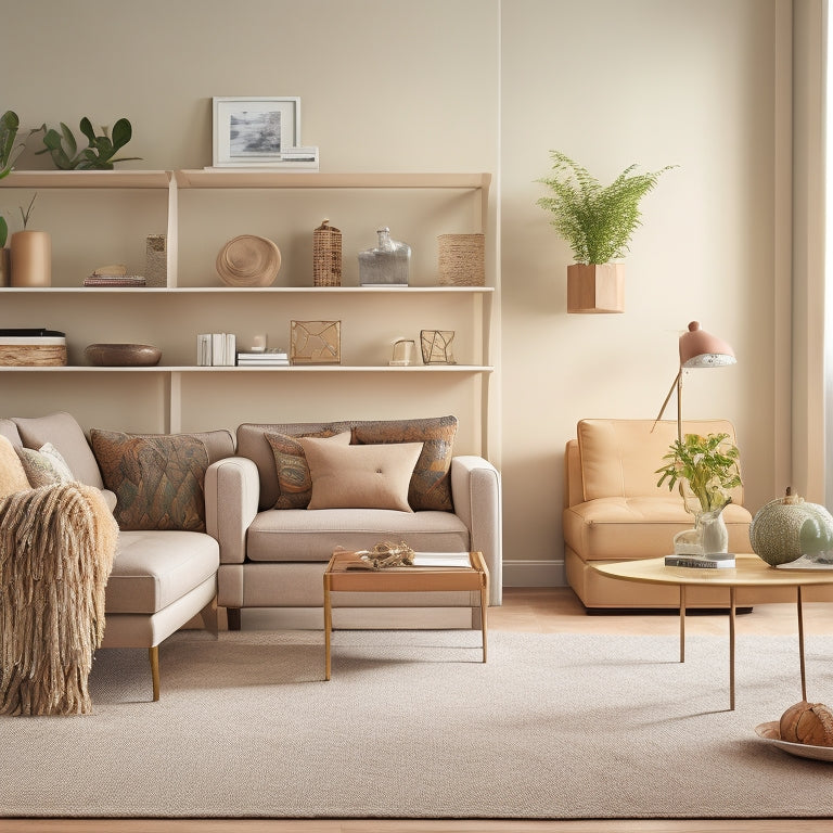 A minimalist, modern living room with a beige sofa, a compact shelving unit, and a storage ottoman, surrounded by a few carefully placed decorative items and plenty of negative space.