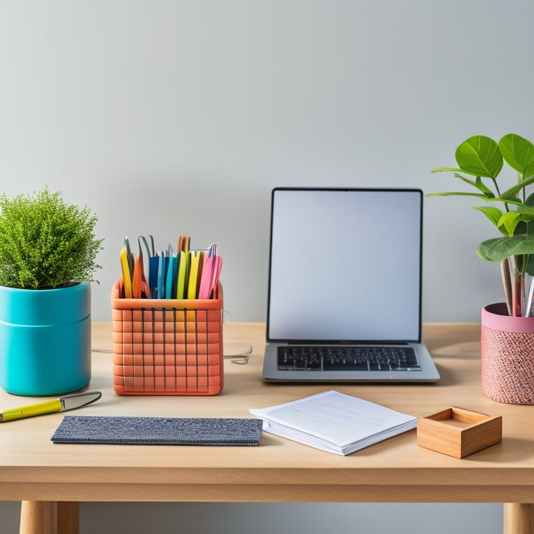 A colorful, organized desk with a small, wooden file organizer holding neatly stacked receipts, surrounded by a few pens, a small plant, and a minimalist laptop, set against a light-gray background.