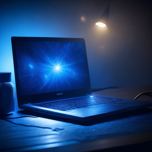 A dramatic, dark blue background with a spotlight shining down on a sleek, silver laptop, open to a PowerPoint presentation, surrounded by creative sparks and glowing light bulbs.