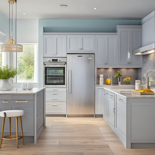 A bright, modern kitchen with sleek, handle-less cabinets in soft gray and white, a compact island with a built-in sink, and a retractable cooktop hood above a narrow, wall-mounted range.